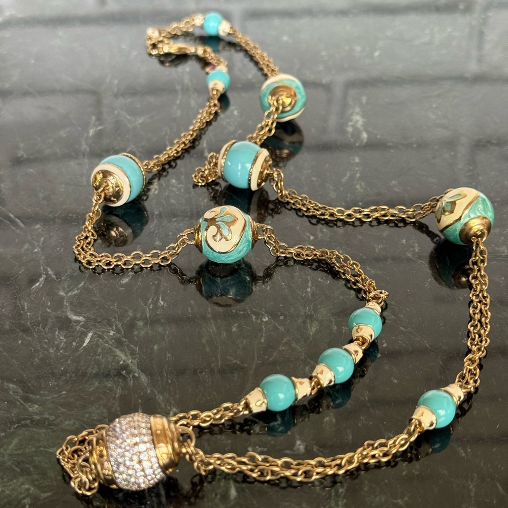 Gold and Blue Filigree Necklace with Turquoise lacquer Accents